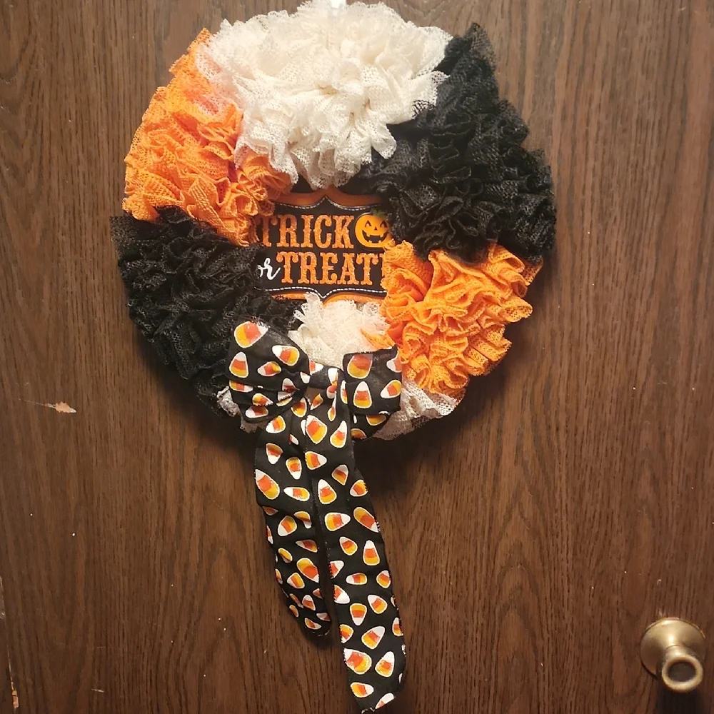 Halloween Candy Corn Holiday Wreath - Orange Black White - Trick or Treat Decor